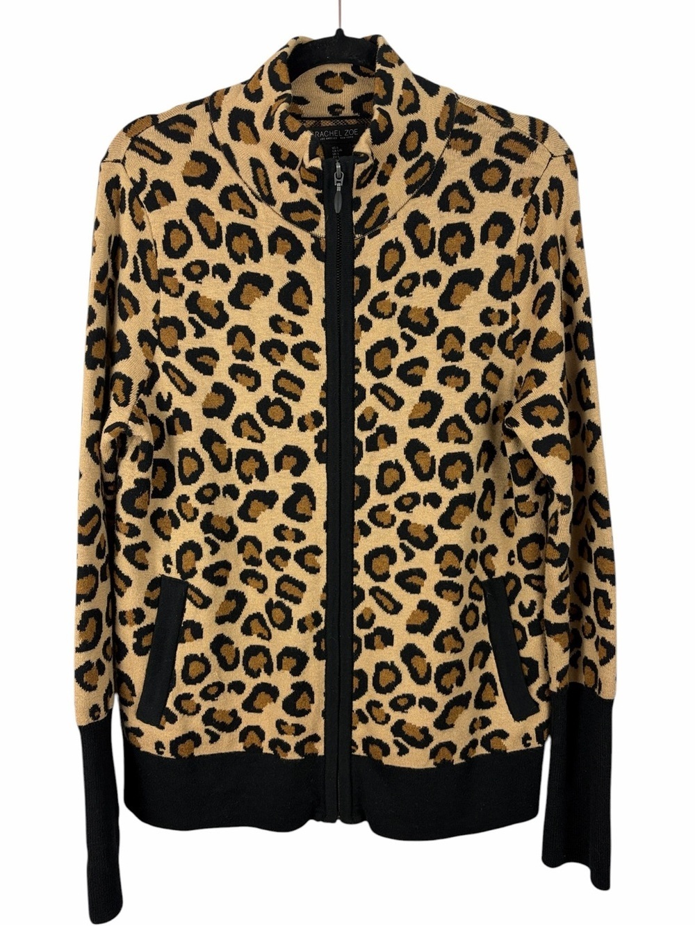 Rachel Zoe Leopard Print Zip Front Knit Jacket Cardigan Large Sweater